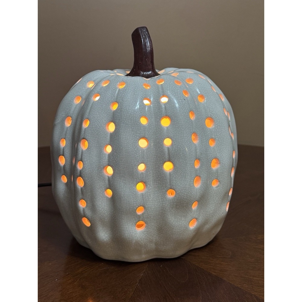 Pink Zebra Fairytale Crackle Stoneware Cream Pumpkin Shade Candle Lamp Halloween